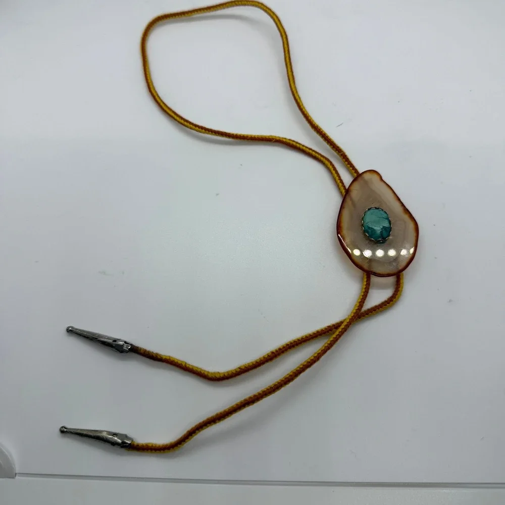 Vintage Agate Slice Bolo Tie with Turquoise Center Yellow Orange Braided Cord